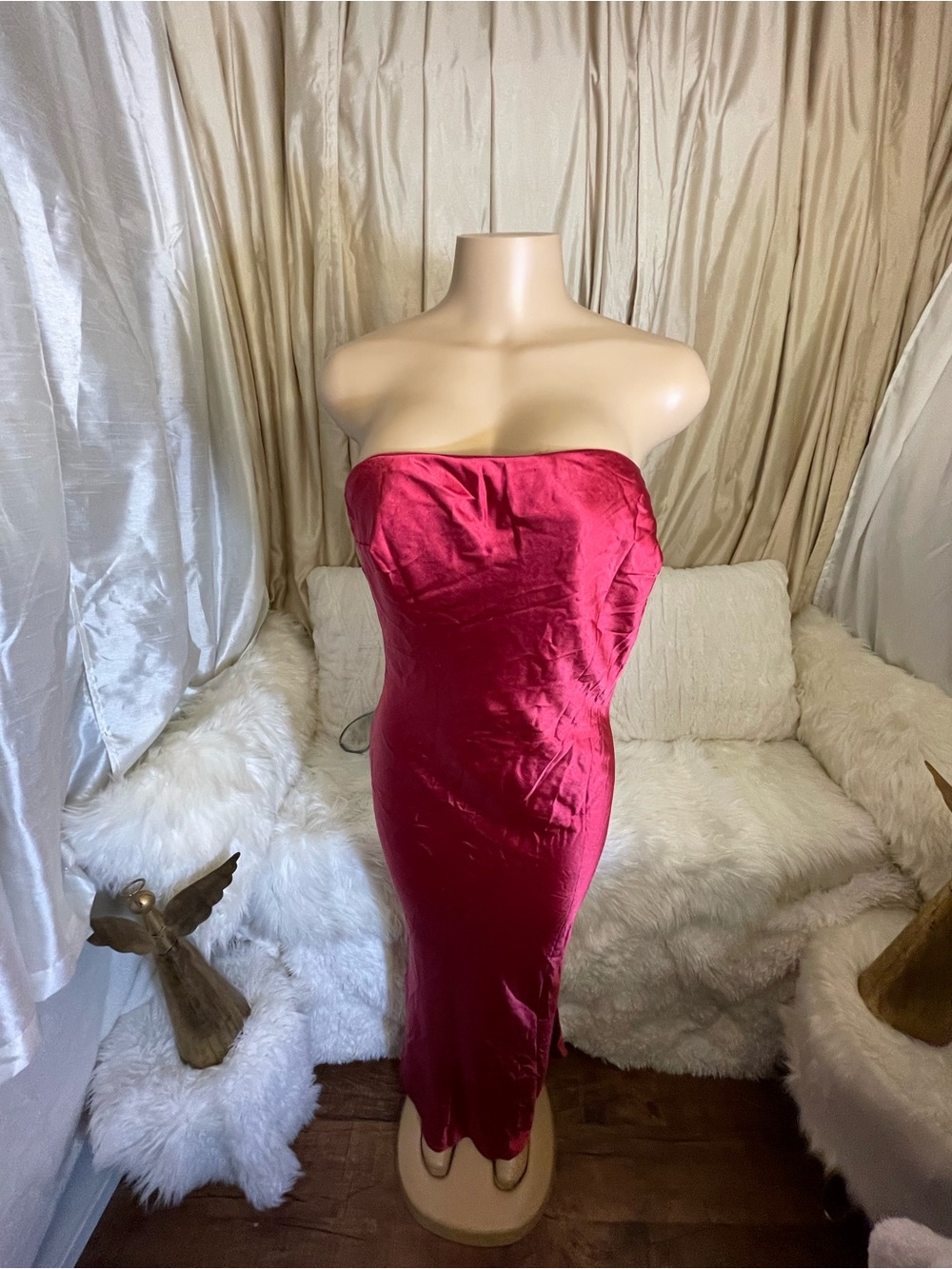 Strapless and Sexy… Satin Midi Evening Dress in Deep Red/Maroon